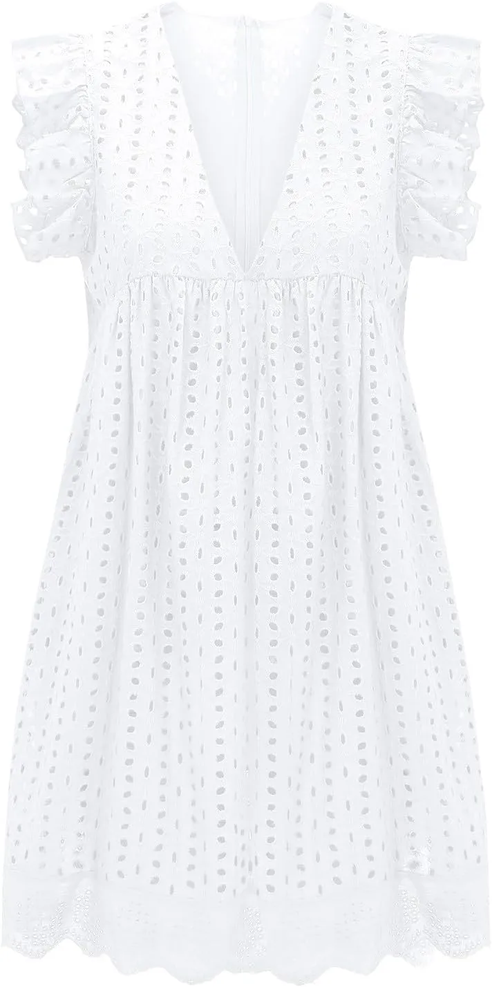 Summer Dresses for Women 2024 Casual Sleeveless V Neck Ruffle Beach Vacation Sundresses Cute Flowy Mini Dress