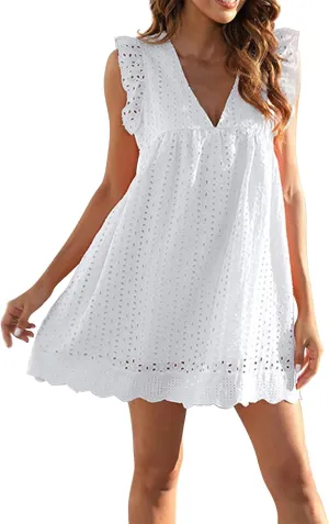 Summer Dresses for Women 2024 Casual Sleeveless V Neck Ruffle Beach Vacation Sundresses Cute Flowy Mini Dress