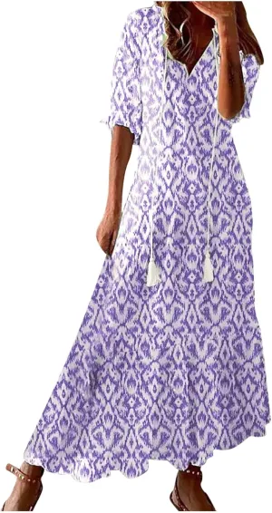 Summer Dresses for Women 2025 Half Sleeve V Neck Boho Floral Maxi Dresses Flowy Casual Ruffle Tiered Beach Sundress