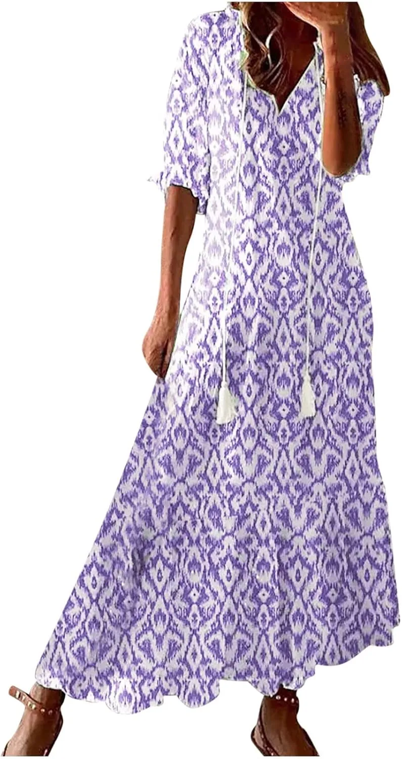 Summer Dresses for Women 2025 Half Sleeve V Neck Boho Floral Maxi Dresses Flowy Casual Ruffle Tiered Beach Sundress