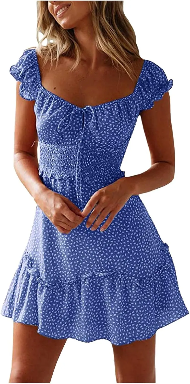 Summer Dresses for Women 2025 MilkMaid Dress Smocked Dress Ruffle Floral Sundresses Tie Front Boho Short Dresses
