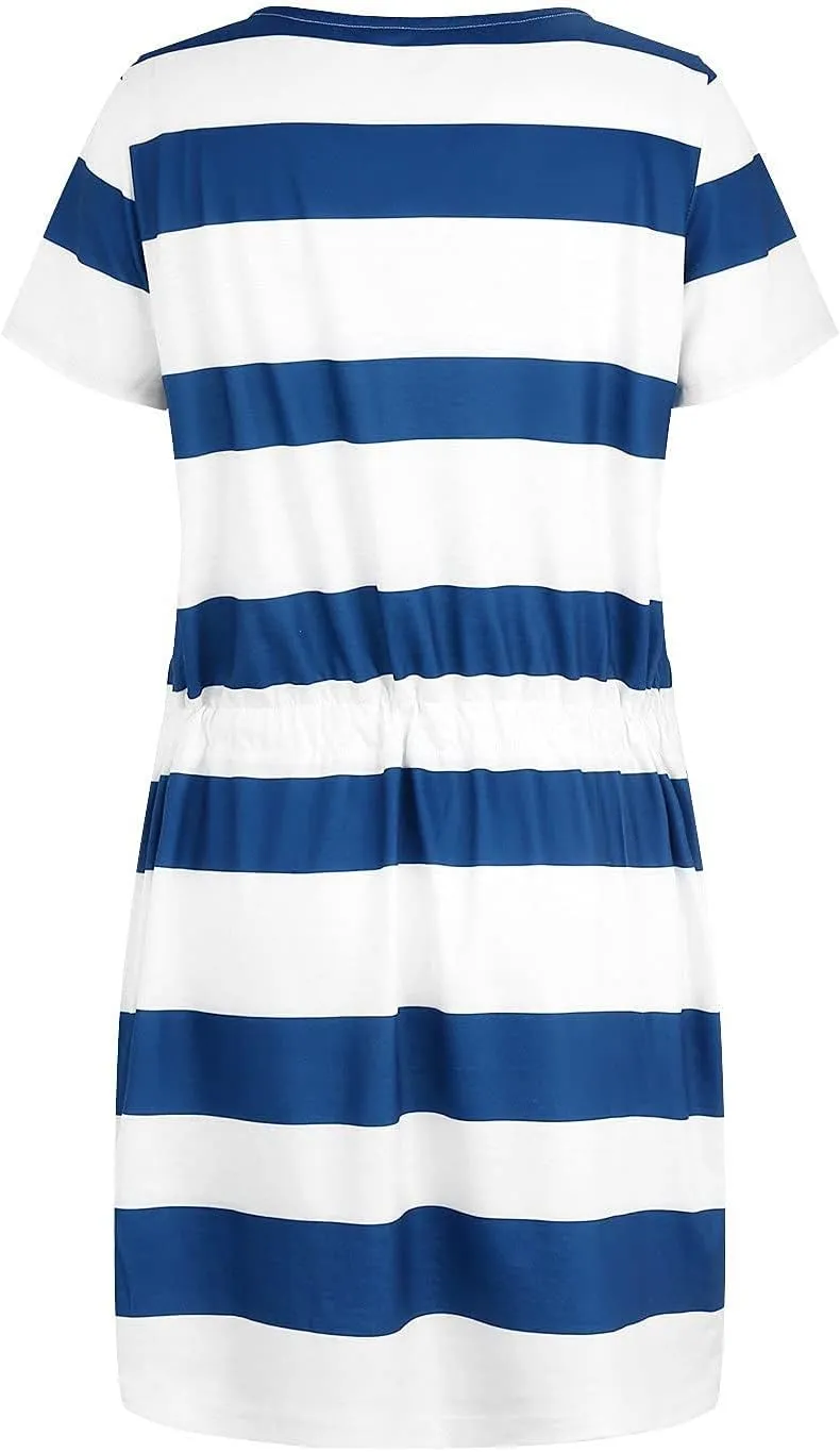 Summer Dresses for Women 2025 Striped A-Line Boho Sundress Short Sleeve V-Neck Beach Vacation Mini Dress with Pocket