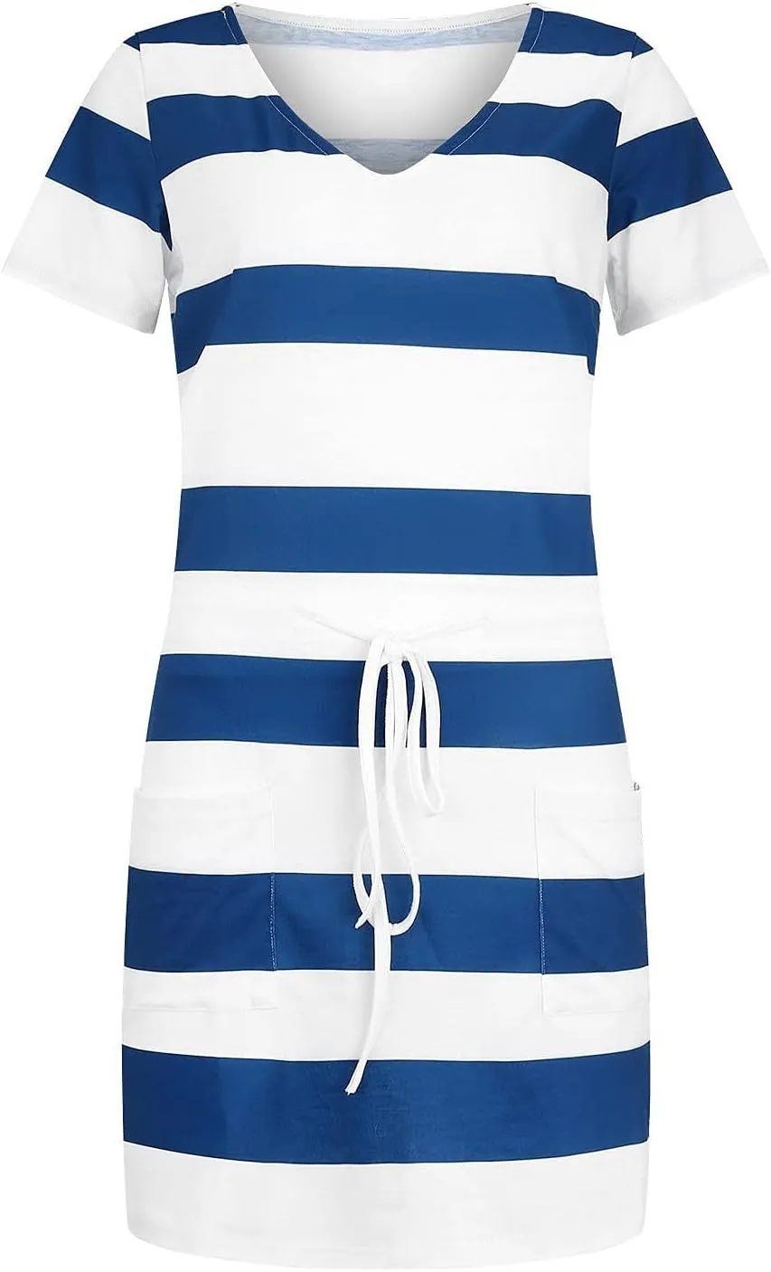 Summer Dresses for Women 2025 Striped A-Line Boho Sundress Short Sleeve V-Neck Beach Vacation Mini Dress with Pocket