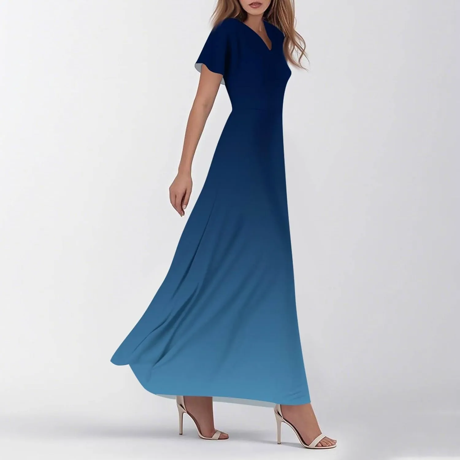 Summer Dresses for Women 2025 V Neck Striped Printed Short Sleeve Maxi Sexy Party Plus Size Bohemian Flowy Dress