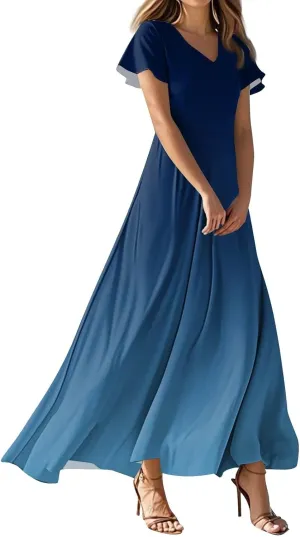 Summer Dresses for Women 2025 V Neck Striped Printed Short Sleeve Maxi Sexy Party Plus Size Bohemian Flowy Dress
