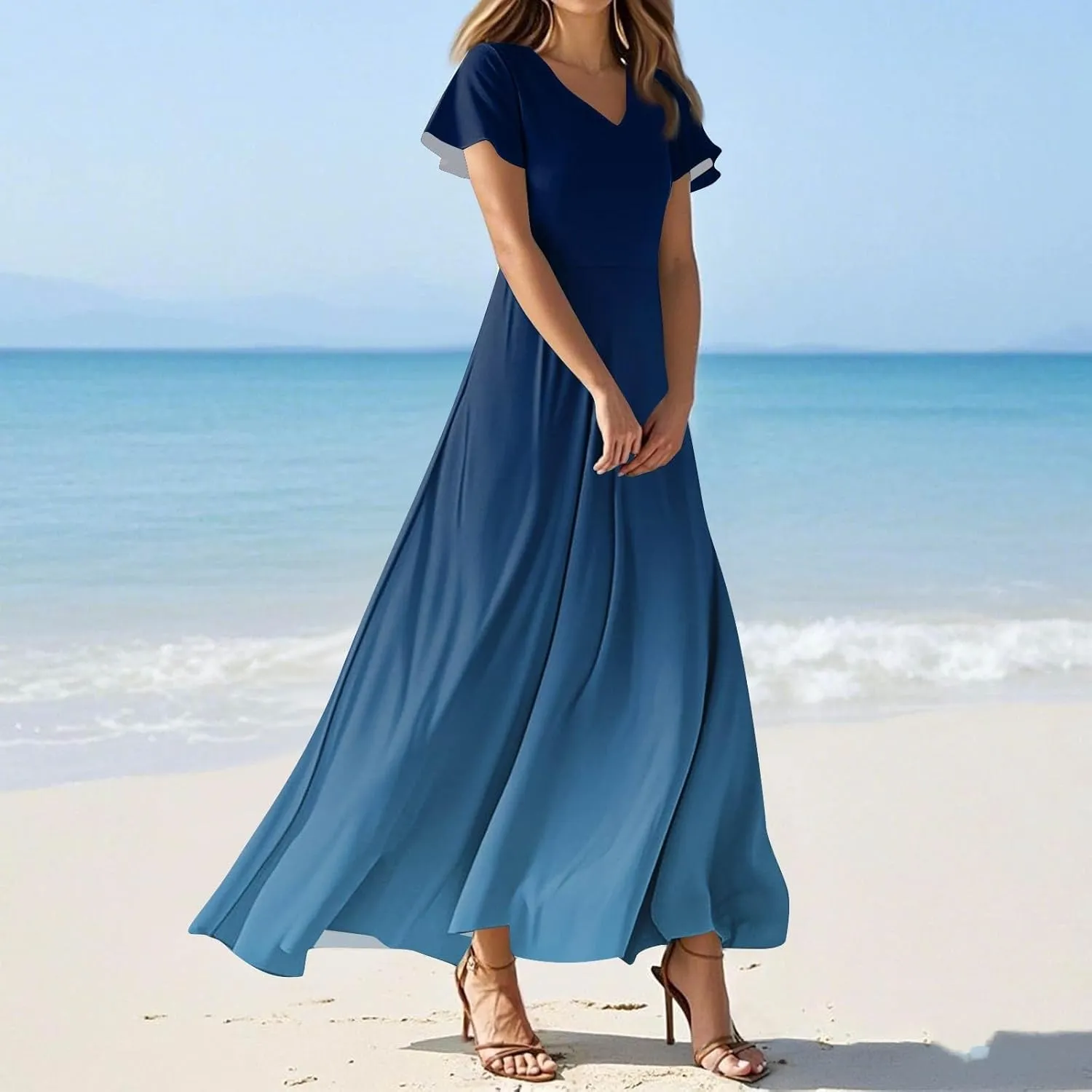 Summer Dresses for Women 2025 V Neck Striped Printed Short Sleeve Maxi Sexy Party Plus Size Bohemian Flowy Dress