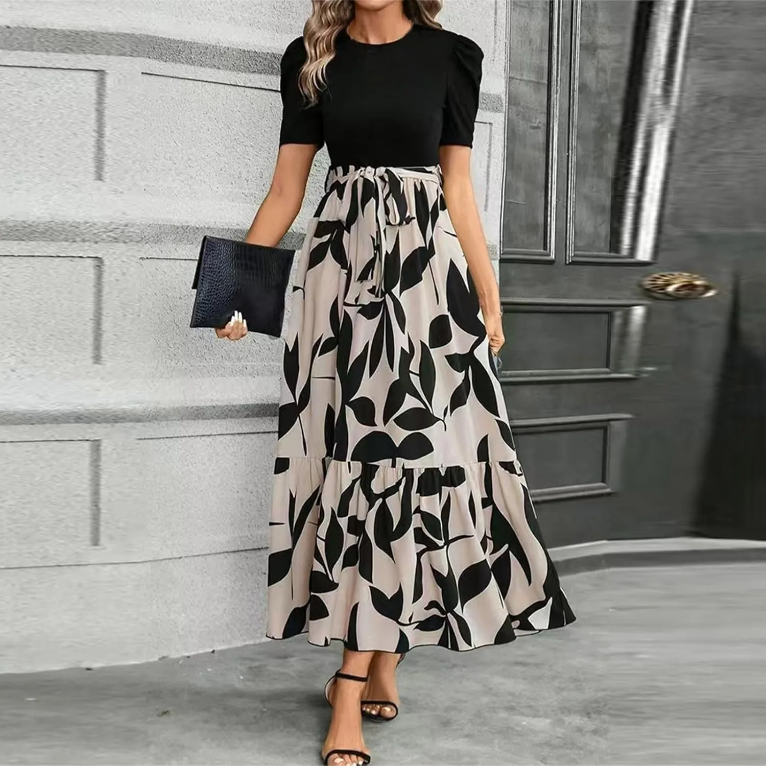 Summer Maxi Dresses for Women 2025 Casual Short Sleeve Floral Dress with Belt Elegant Wedding Guest Long Flowy Sun Dresses