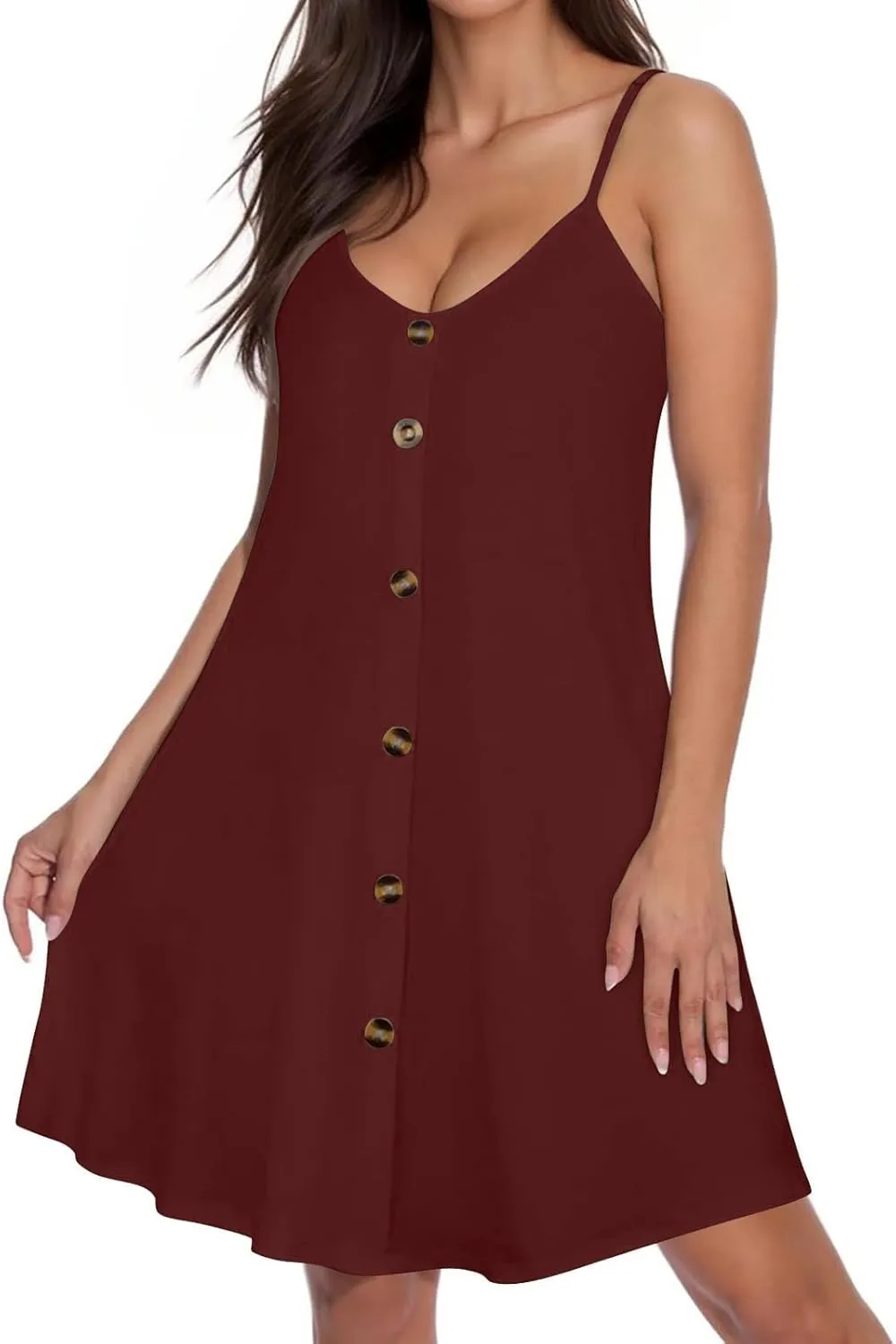 Summer Mini Dress for Women Spaghetti Strap Button Down Scoop Neck Sundress Bathing Suit Cover Ups with Pockets