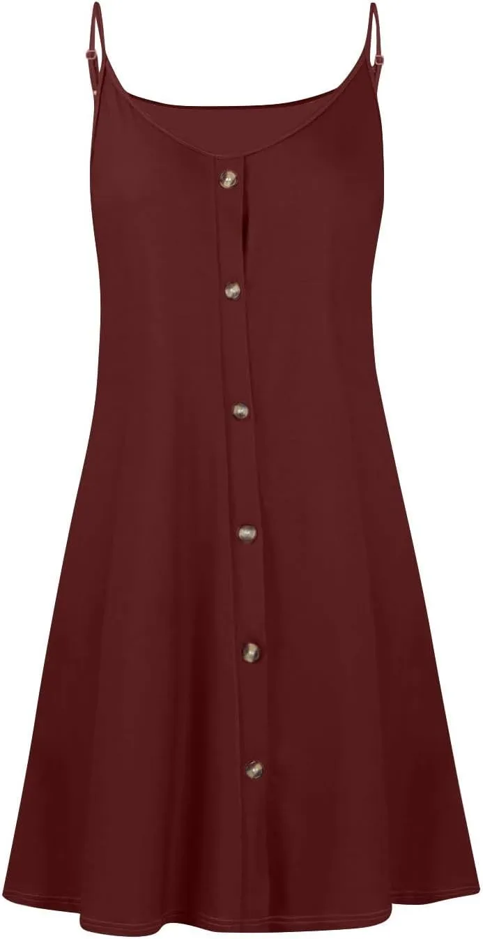 Summer Mini Dress for Women Spaghetti Strap Button Down Scoop Neck Sundress Bathing Suit Cover Ups with Pockets
