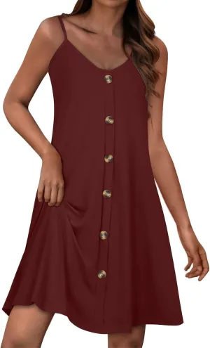 Summer Mini Dress for Women Spaghetti Strap Button Down Scoop Neck Sundress Bathing Suit Cover Ups with Pockets