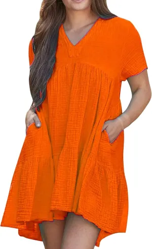 Summer Mini Dress for Women Wedding Guest Dresses Short Sleeve V Neck Beach Vacation Patchwork Sundress with Pockets