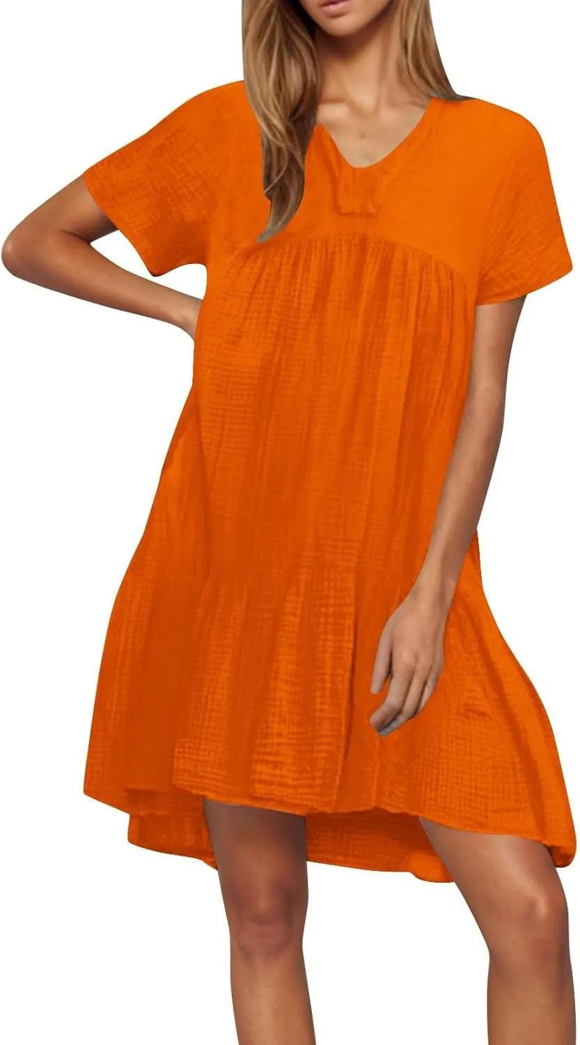 Summer Mini Dress for Women Wedding Guest Dresses Short Sleeve V Neck Beach Vacation Patchwork Sundress with Pockets