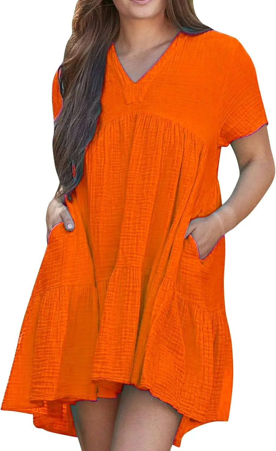 Summer Mini Dress for Women Wedding Guest Dresses Short Sleeve V Neck Beach Vacation Patchwork Sundress with Pockets