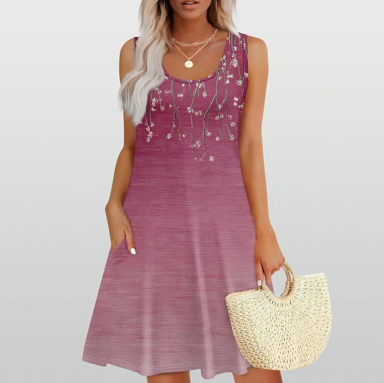 Summer Mini Dresses for Women Casual Trendy Vintage Floral Print Boho Sleeveless A-Line Pockets Beach Tank Sundress