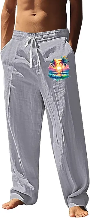 Summer Pants for Men Lightweight Relaxed Fit Trousers with Pockets Casual Wide Leg Vacation Beach Boho Pants