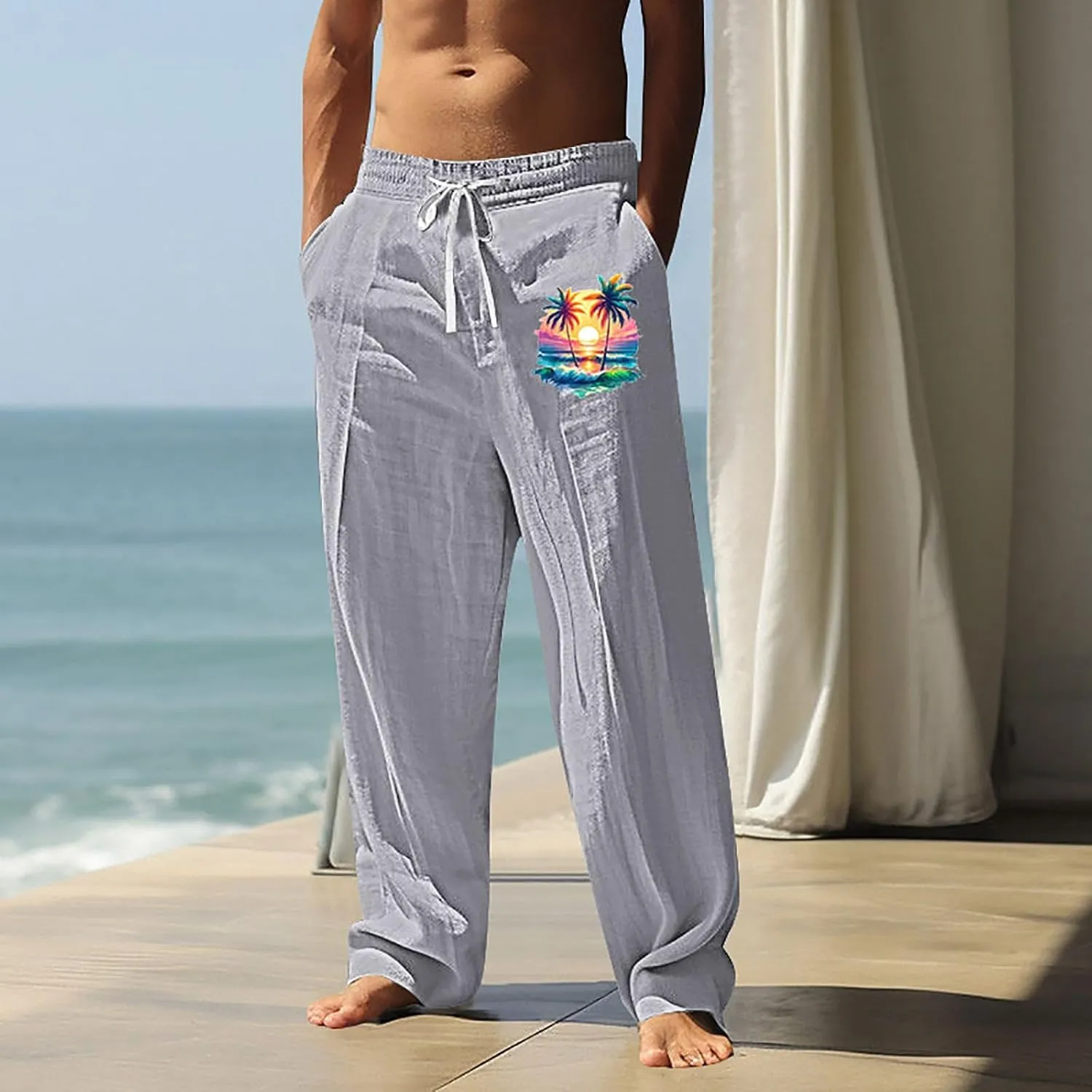 Summer Pants for Men Lightweight Relaxed Fit Trousers with Pockets Casual Wide Leg Vacation Beach Boho Pants