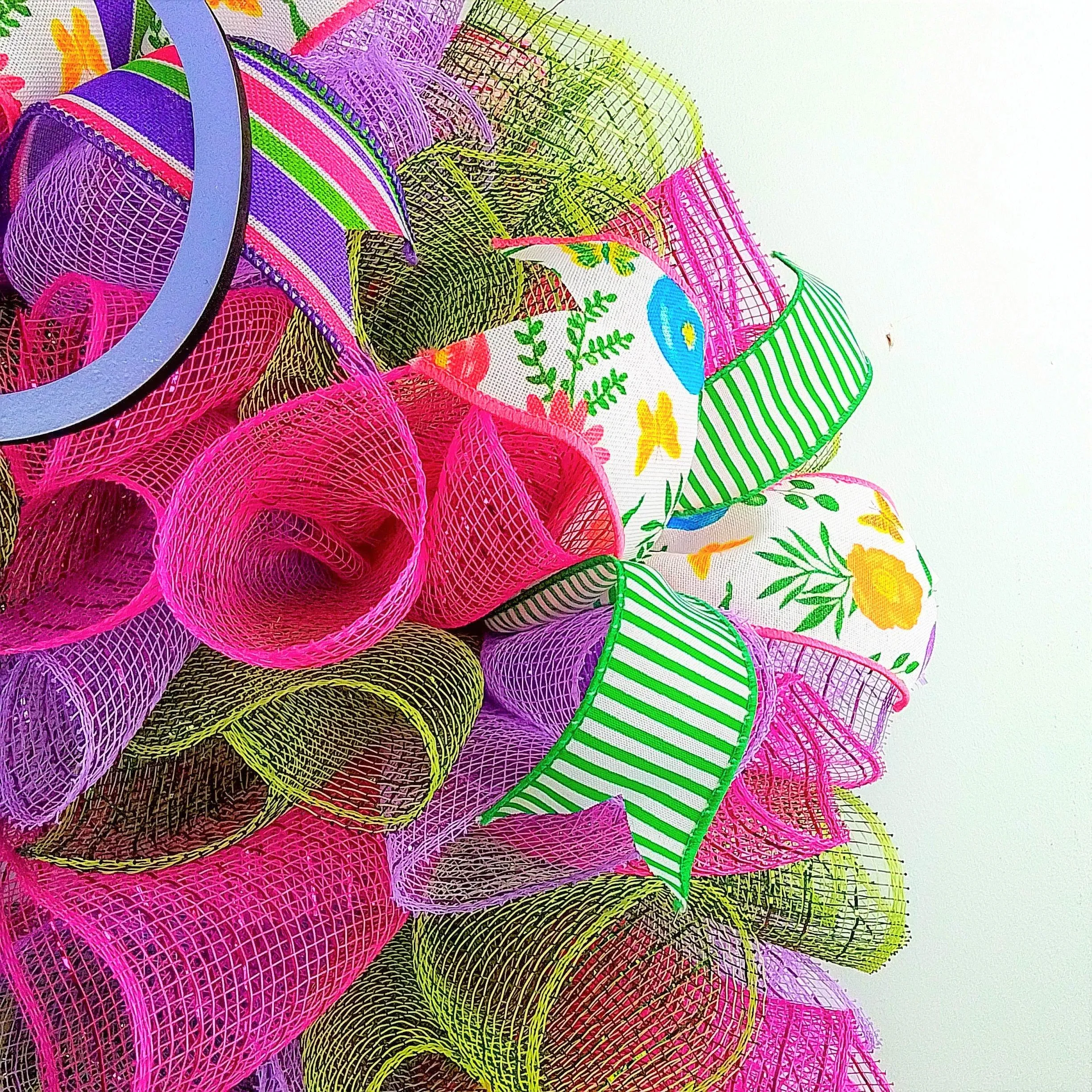 Summer Spring Welcome Door Wreath; Pink, Lavender, Yellow, Green, Purple