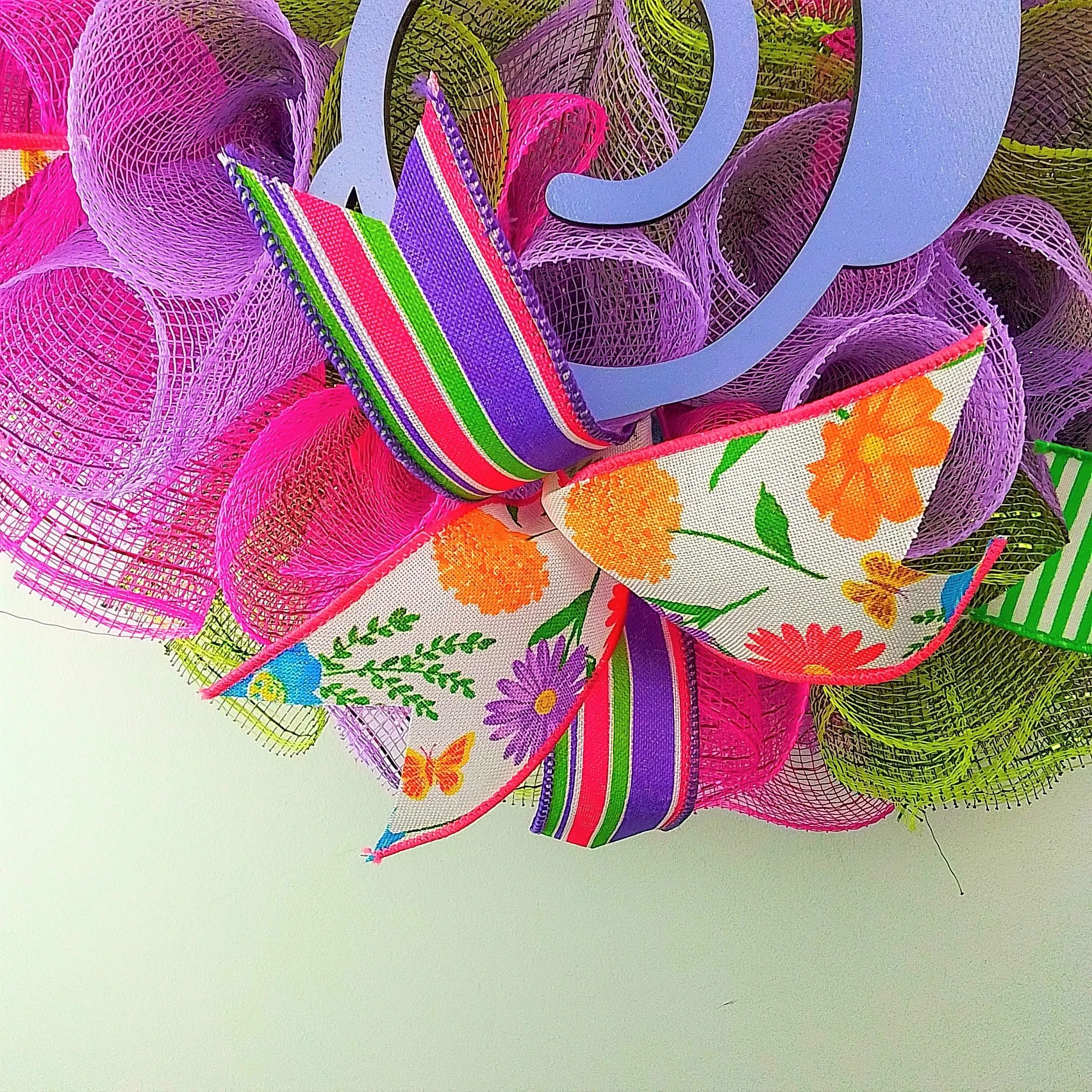 Summer Spring Welcome Door Wreath; Pink, Lavender, Yellow, Green, Purple