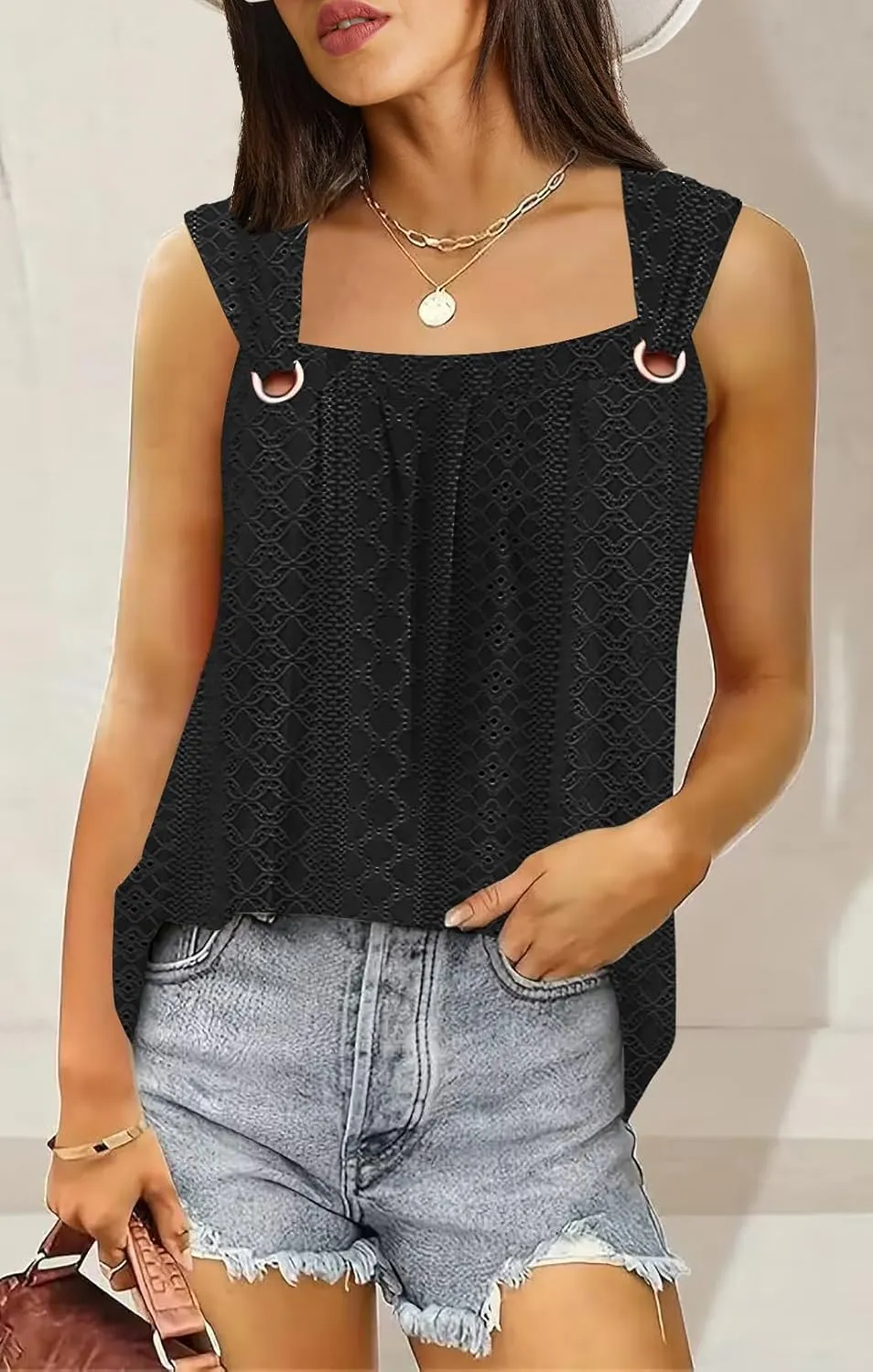 Summer Tank Tops for Women Pleated Square Neck O Ring Shoulder Sleeveless Shirts Casual Loose Fit Trendy Blouses
