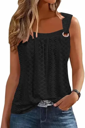 Summer Tank Tops for Women Pleated Square Neck O Ring Shoulder Sleeveless Shirts Casual Loose Fit Trendy Blouses