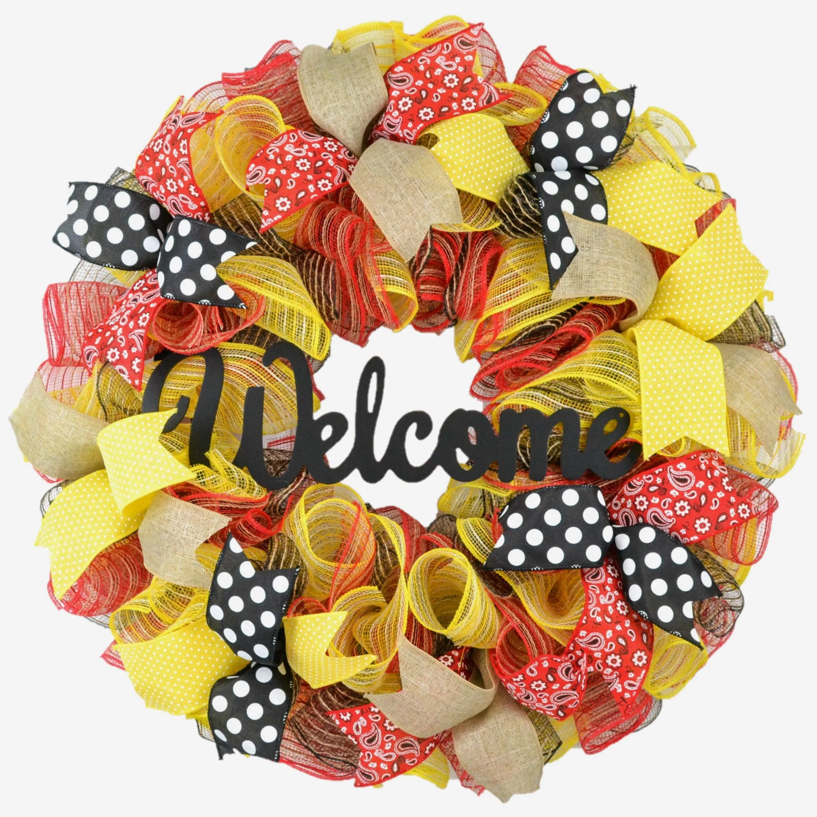 Summer Welcome Mesh Wreath, Yellow Wreaths for Front Door, Black Red