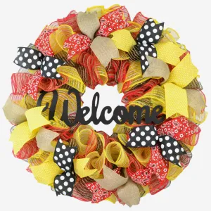 Summer Welcome Mesh Wreath, Yellow Wreaths for Front Door, Black Red