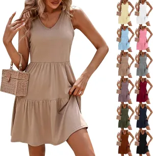 Sundresses for Women 2025 Casual Sleeveless V Neck Mini Tank Tshirt Dress Cute Tiered Flowy Summer Beach Dresses