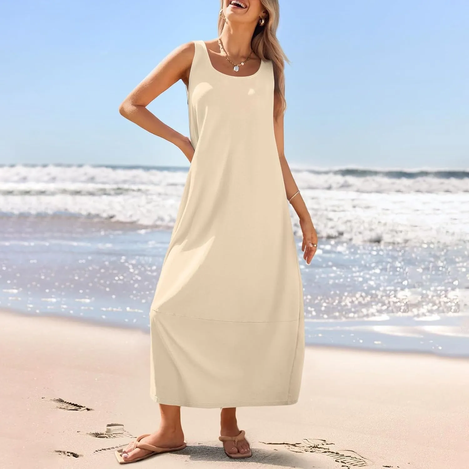 Sundresses for Women 2025 Casual Summer Beach Maxi Dress Scoop Neck Sleeveless Flowy Tank Dress Vacation Outfits