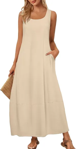 Sundresses for Women 2025 Casual Summer Beach Maxi Dress Scoop Neck Sleeveless Flowy Tank Dress Vacation Outfits