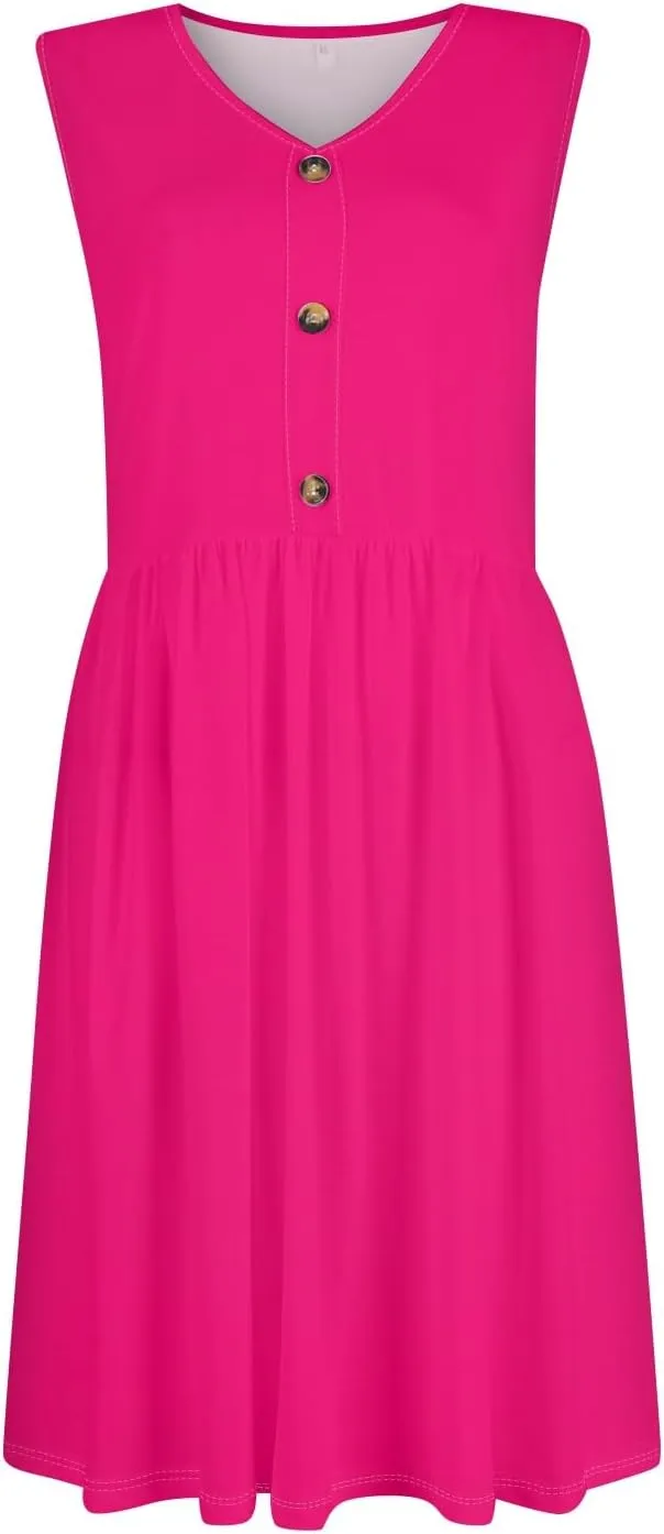 Sundresses for Women 2025 Sleeveless Midi Dress with Pockets V Neck Button Down Summer Dresses for Baech Vacation