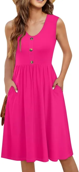 Sundresses for Women 2025 Sleeveless Midi Dress with Pockets V Neck Button Down Summer Dresses for Baech Vacation