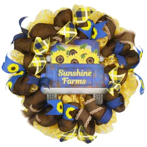 Sunshine Farms Wreath - Sunflower Farm Truck Thanksgiving Front Door Wreath - Brown Navy Burlap Yellow