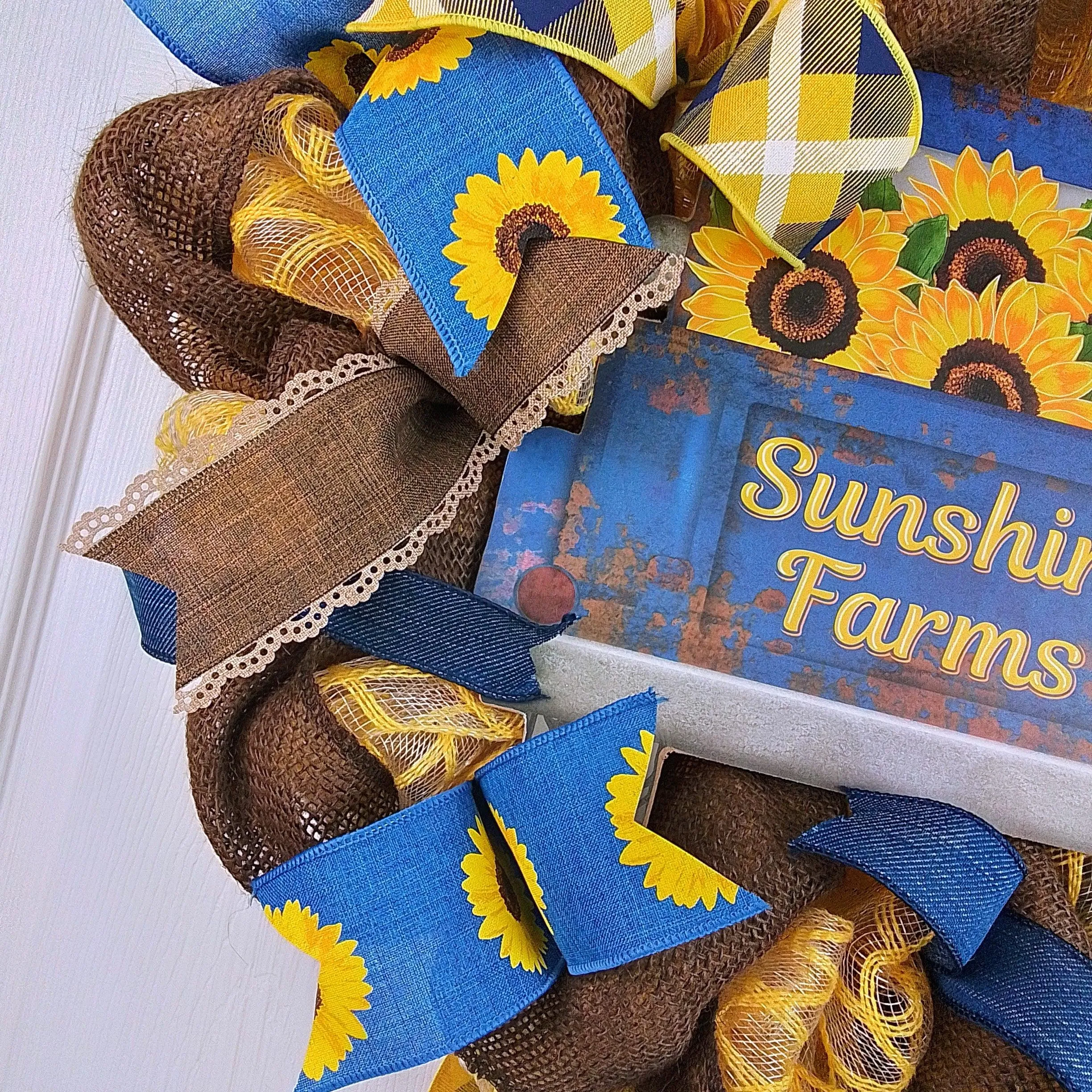 Sunshine Farms Wreath - Sunflower Farm Truck Thanksgiving Front Door Wreath - Brown Navy Burlap Yellow