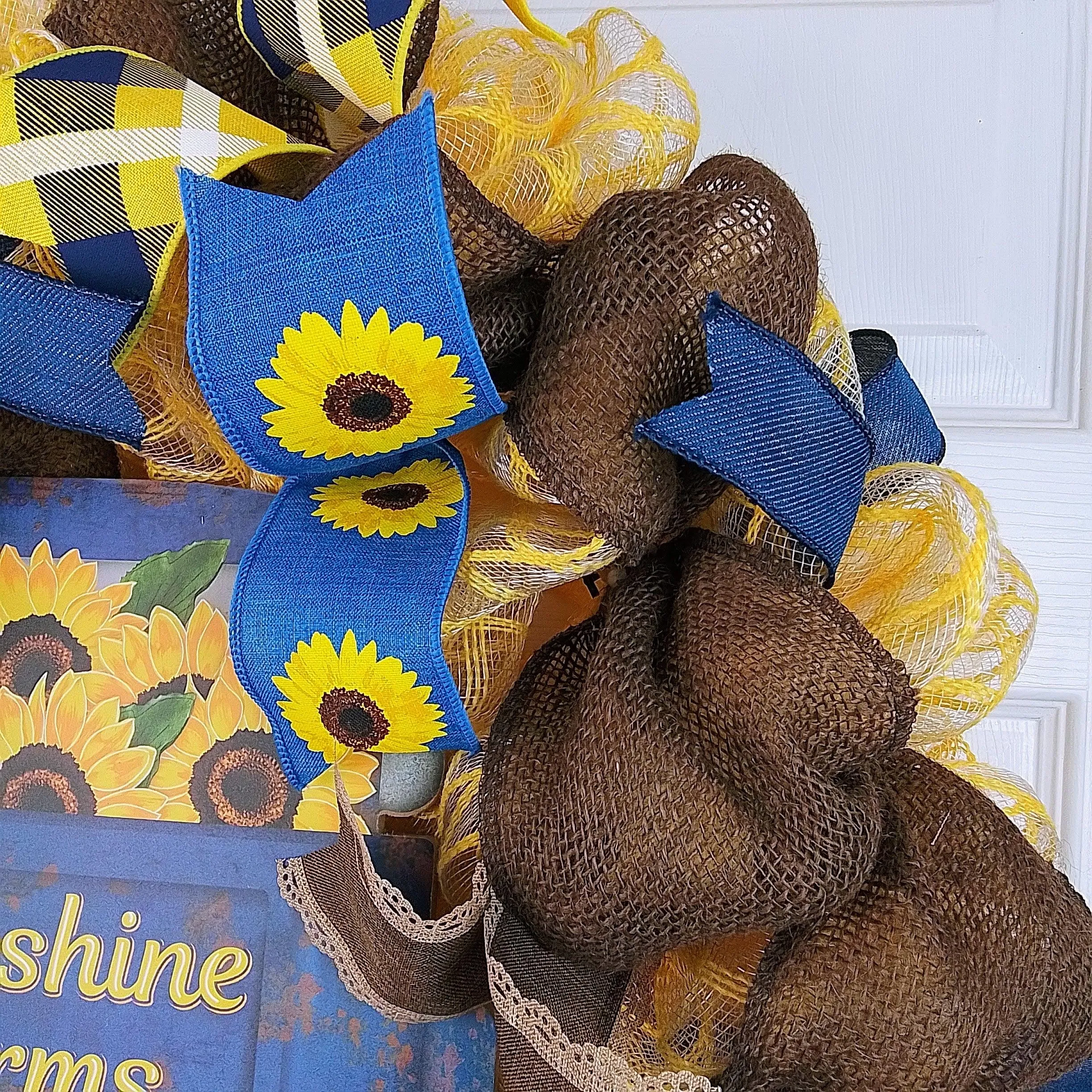 Sunshine Farms Wreath - Sunflower Farm Truck Thanksgiving Front Door Wreath - Brown Navy Burlap Yellow