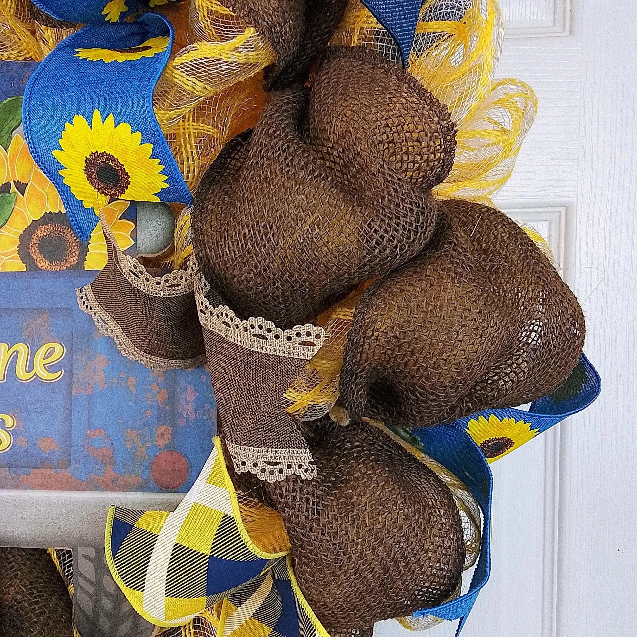 Sunshine Farms Wreath - Sunflower Farm Truck Thanksgiving Front Door Wreath - Brown Navy Burlap Yellow