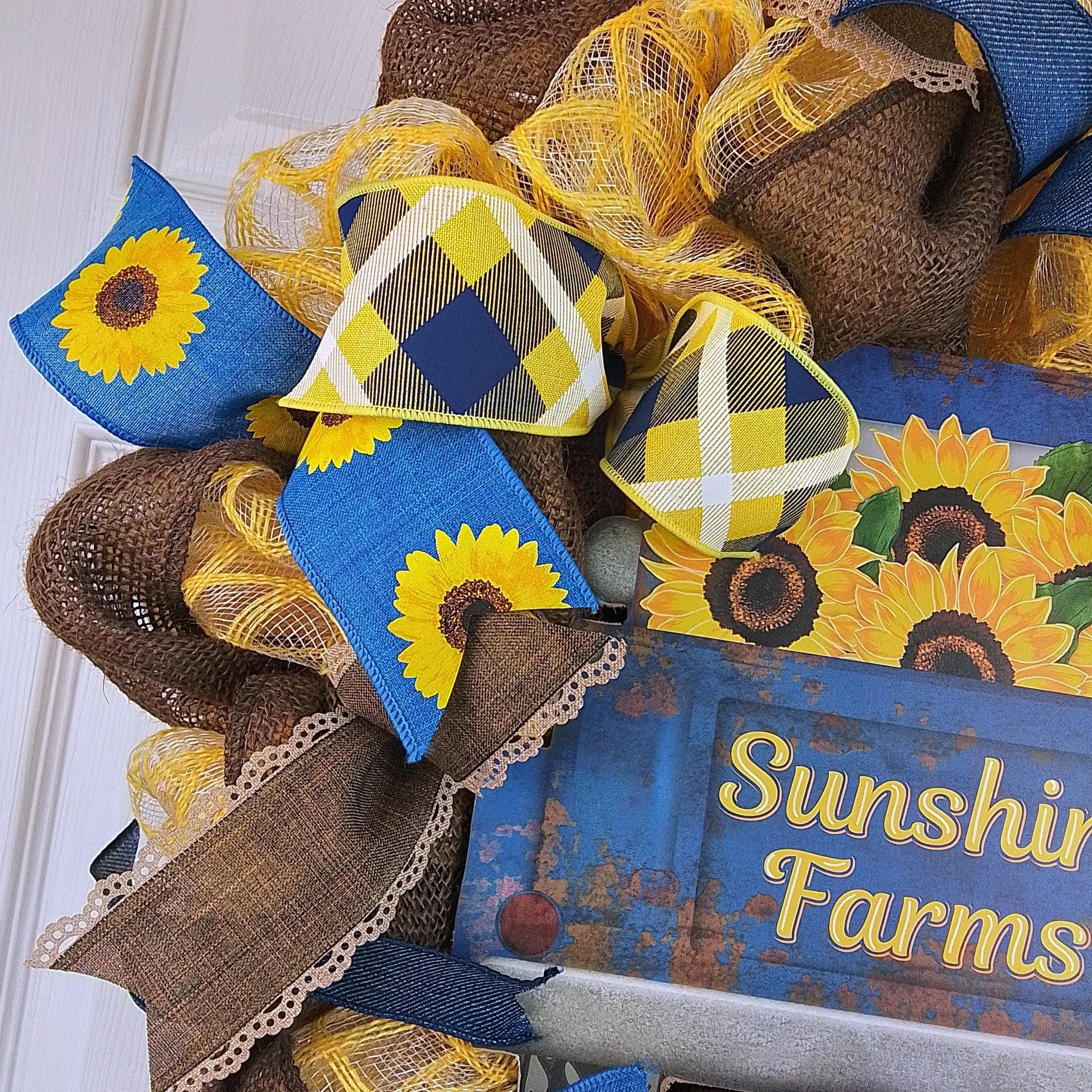 Sunshine Farms Wreath - Sunflower Farm Truck Thanksgiving Front Door Wreath - Brown Navy Burlap Yellow