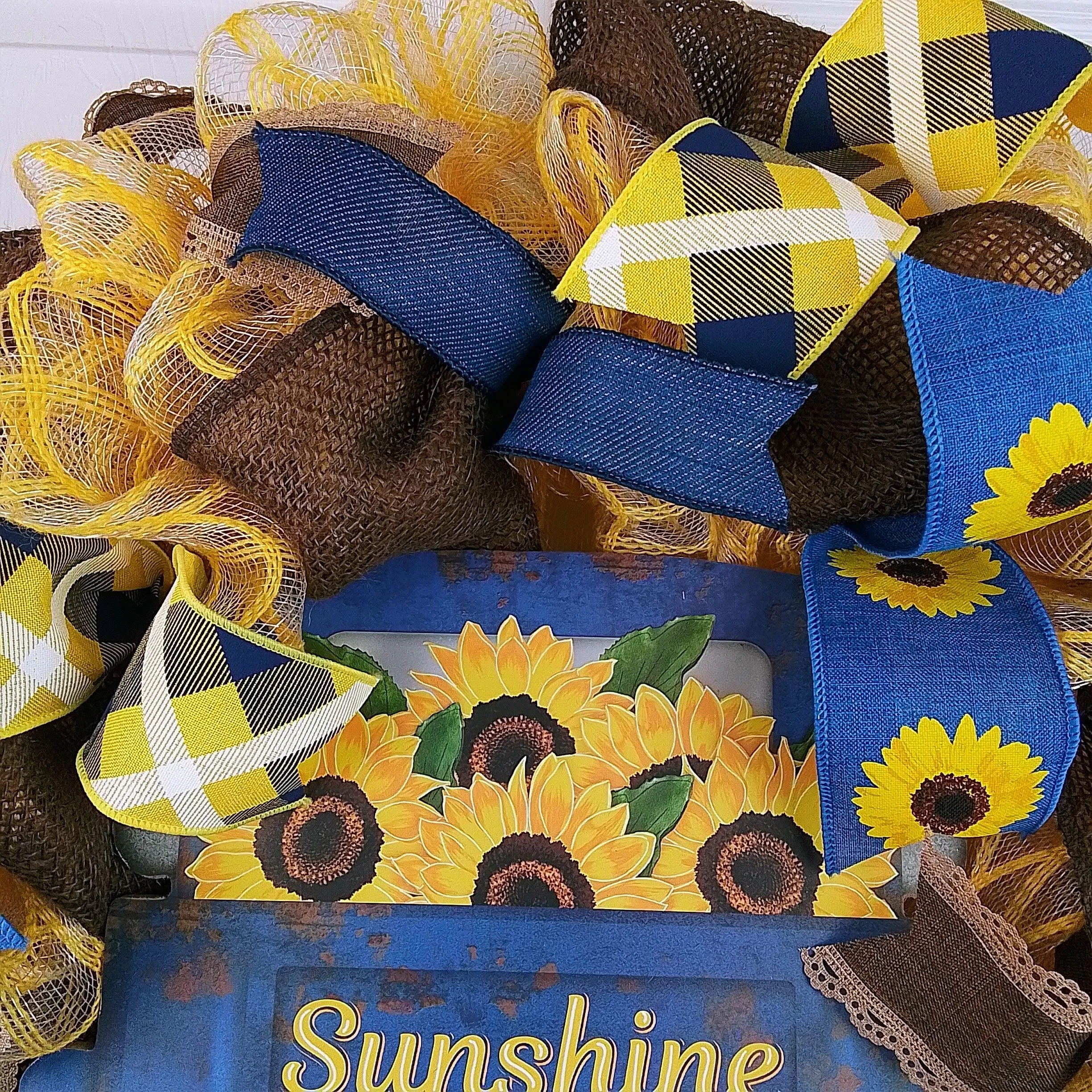 Sunshine Farms Wreath - Sunflower Farm Truck Thanksgiving Front Door Wreath - Brown Navy Burlap Yellow