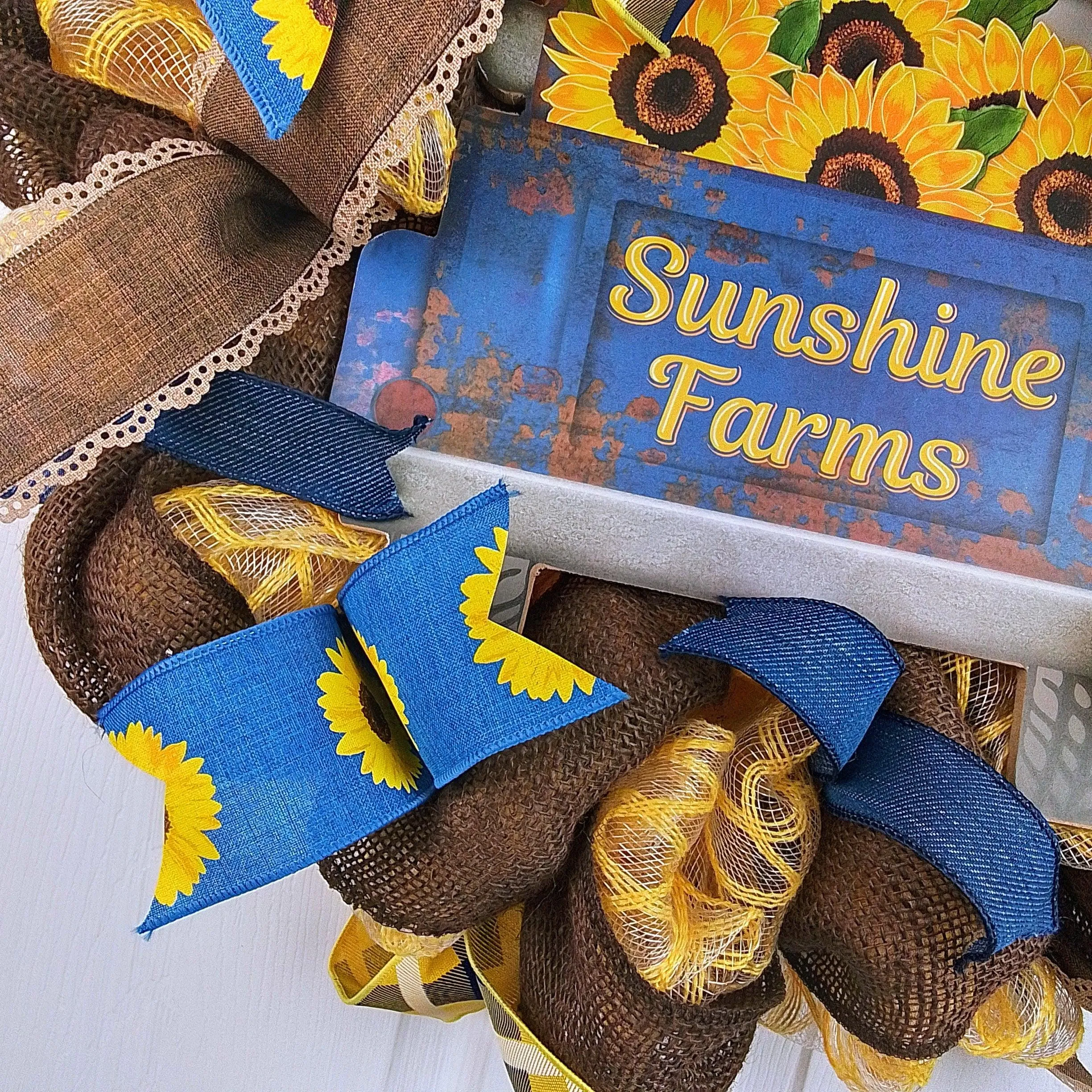 Sunshine Farms Wreath - Sunflower Farm Truck Thanksgiving Front Door Wreath - Brown Navy Burlap Yellow