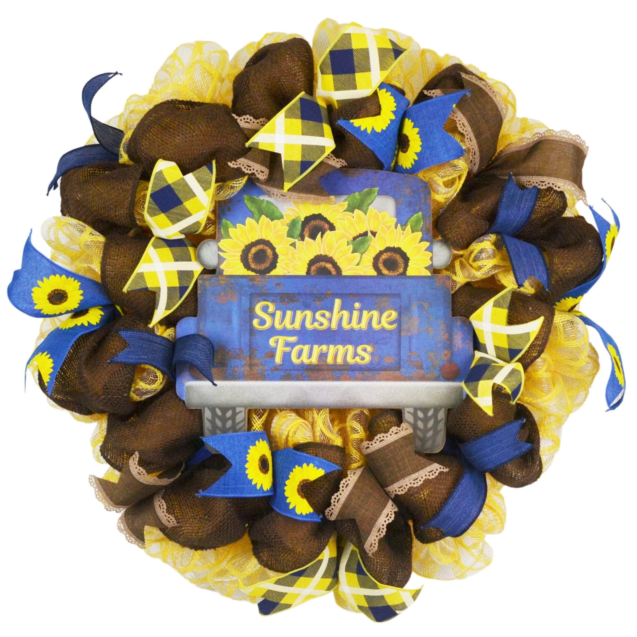 Sunshine Farms Wreath - Sunflower Farm Truck Thanksgiving Front Door Wreath - Brown Navy Burlap Yellow