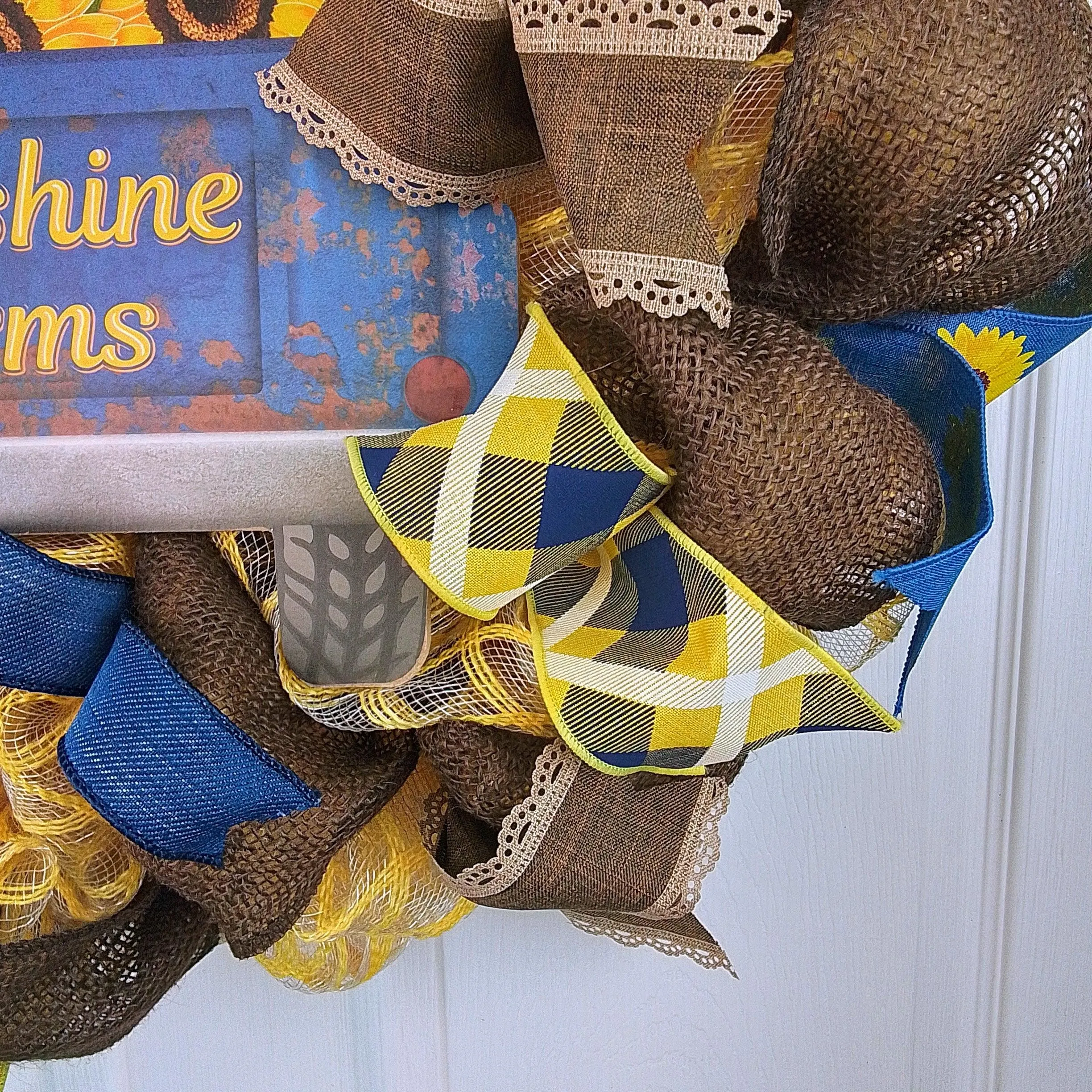 Sunshine Farms Wreath - Sunflower Farm Truck Thanksgiving Front Door Wreath - Brown Navy Burlap Yellow