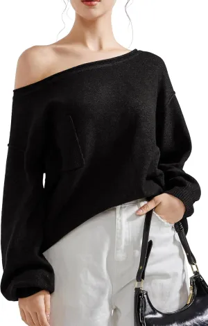 SUUKSESS Women Off The Shoulder Spring Sweaters Long Sleeve Boat Neck Oversized Pullover Sweater Tops