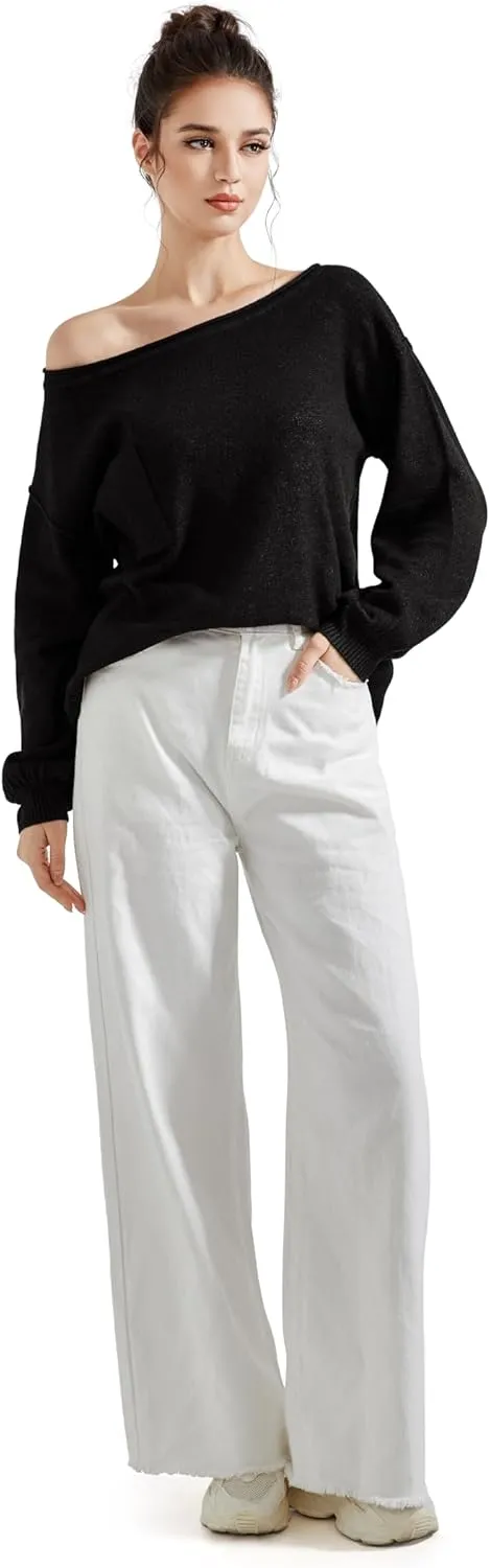 SUUKSESS Women Off The Shoulder Spring Sweaters Long Sleeve Boat Neck Oversized Pullover Sweater Tops