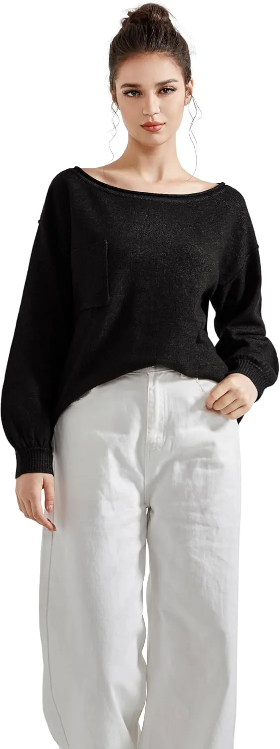 SUUKSESS Women Off The Shoulder Spring Sweaters Long Sleeve Boat Neck Oversized Pullover Sweater Tops