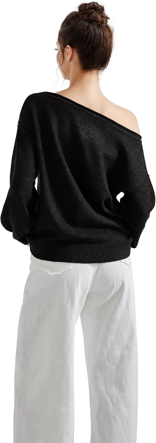 SUUKSESS Women Off The Shoulder Spring Sweaters Long Sleeve Boat Neck Oversized Pullover Sweater Tops