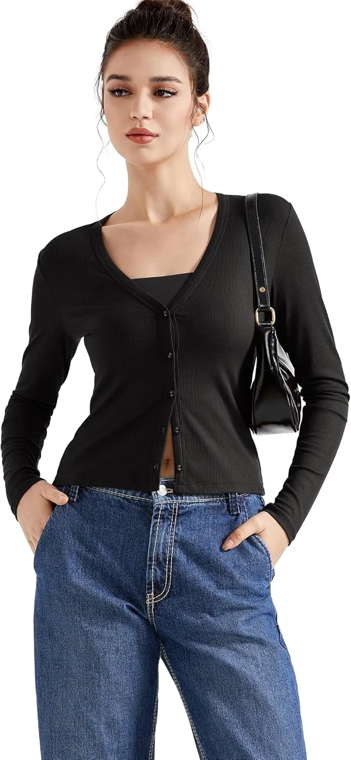 SUUKSESS Women Ribbed Lightweight Cardigan V Neck Button Up Long Sleeve Cropped Modal Tops