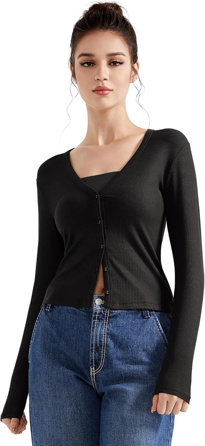 SUUKSESS Women Ribbed Lightweight Cardigan V Neck Button Up Long Sleeve Cropped Modal Tops