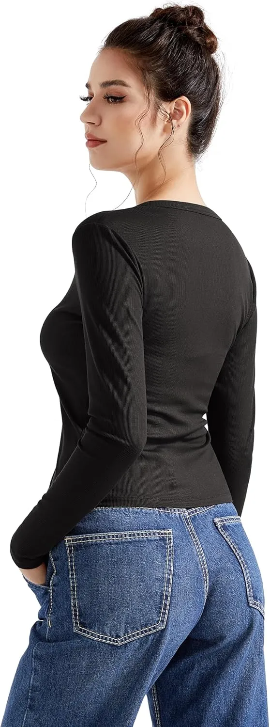 SUUKSESS Women Ribbed Lightweight Cardigan V Neck Button Up Long Sleeve Cropped Modal Tops