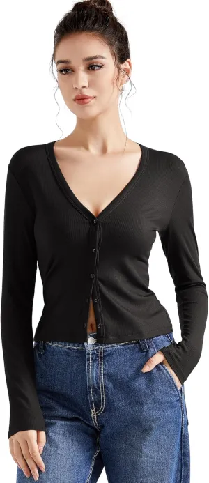 SUUKSESS Women Ribbed Lightweight Cardigan V Neck Button Up Long Sleeve Cropped Modal Tops