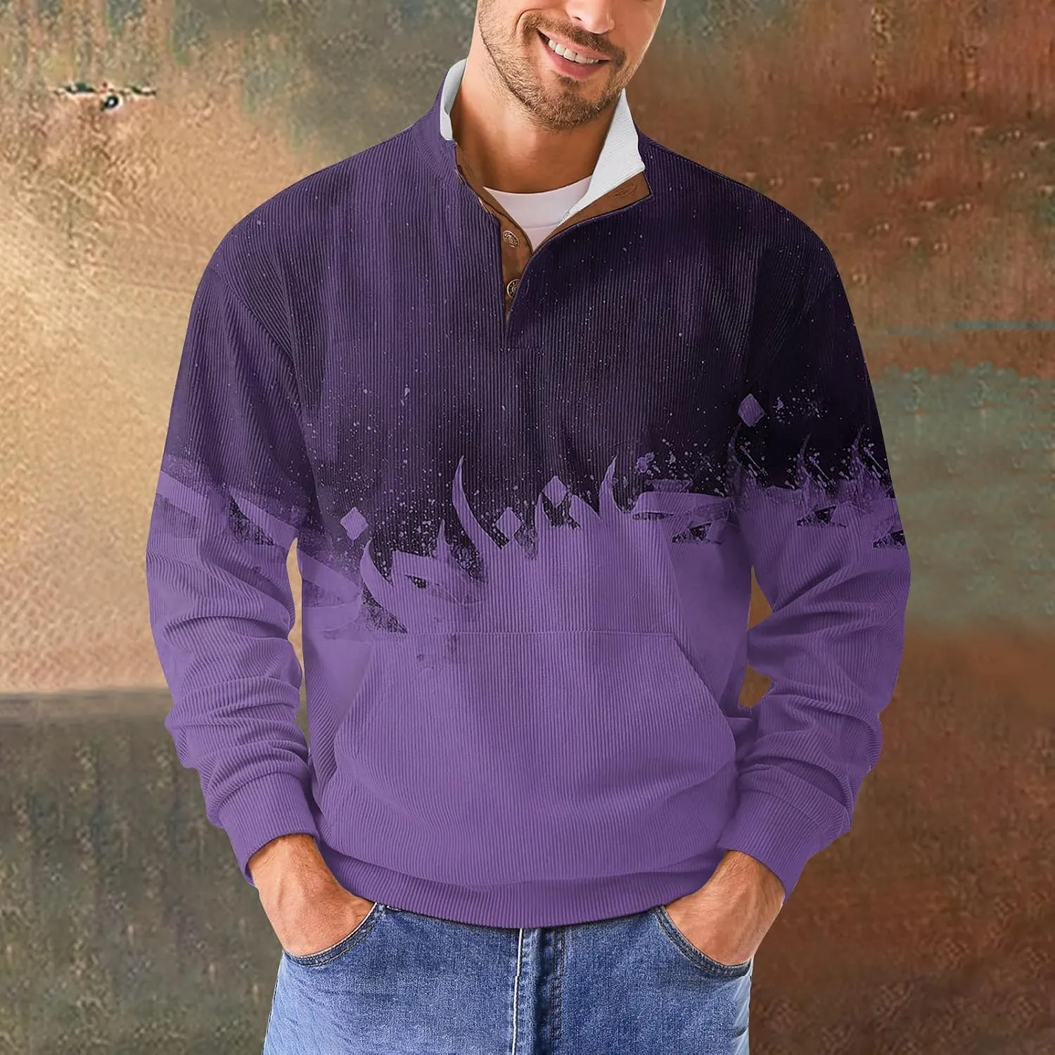 Sweatshirts For Men Clothes Casual Fashion Graphic Sports Stand Collar Button Long Sleeve Vintage Sweatshirts