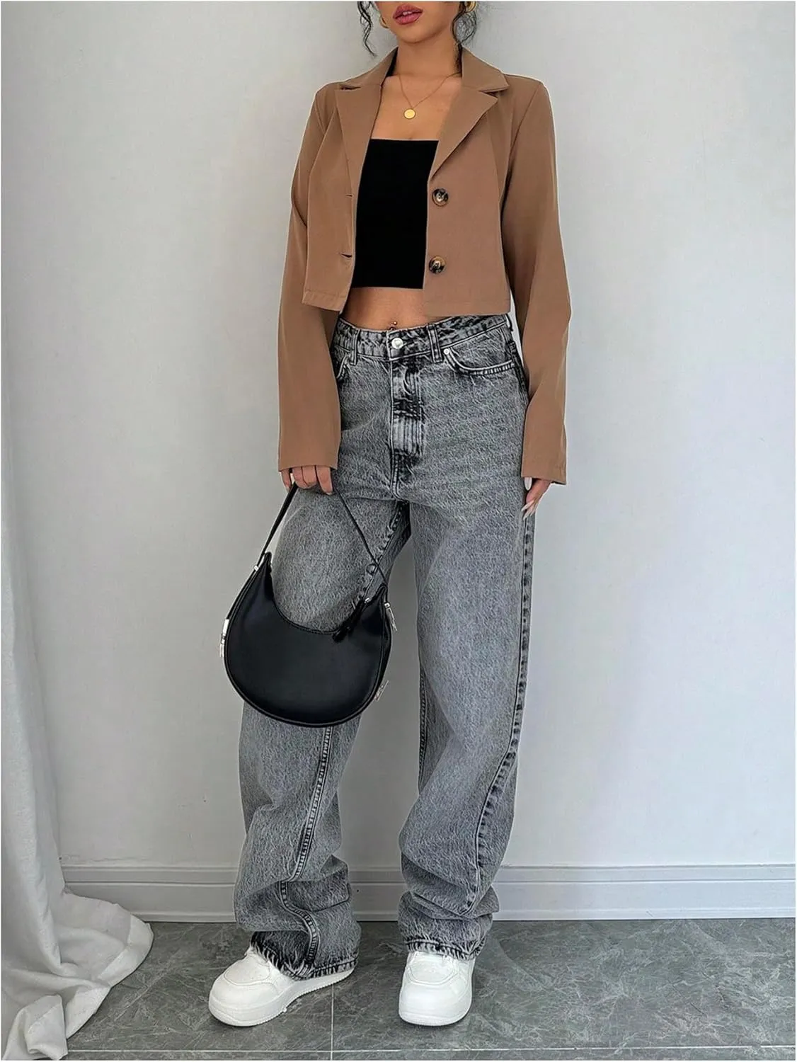 SweatyRocks Women's Button Down Cropped Blazer Long Sleeve Lapel Collar Work Office Jackets